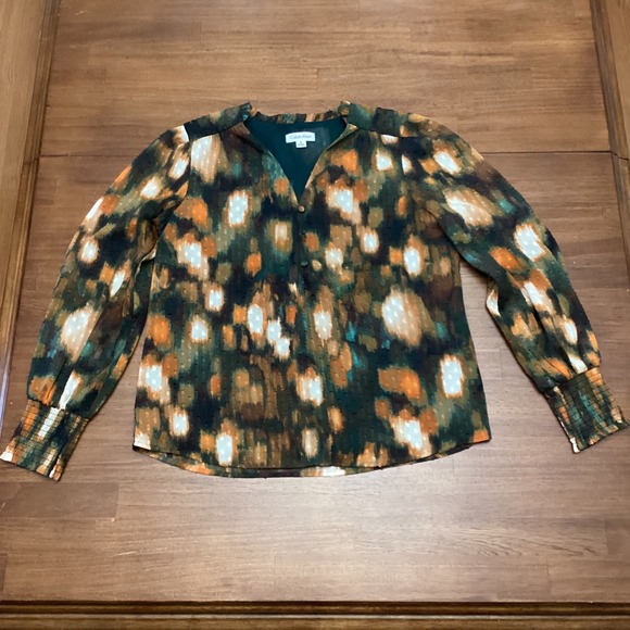 Calvin Klein Womens Green Abstract Clip Dot Blouse Smocked Cuff M w/undershirt - Picture 11 of 12